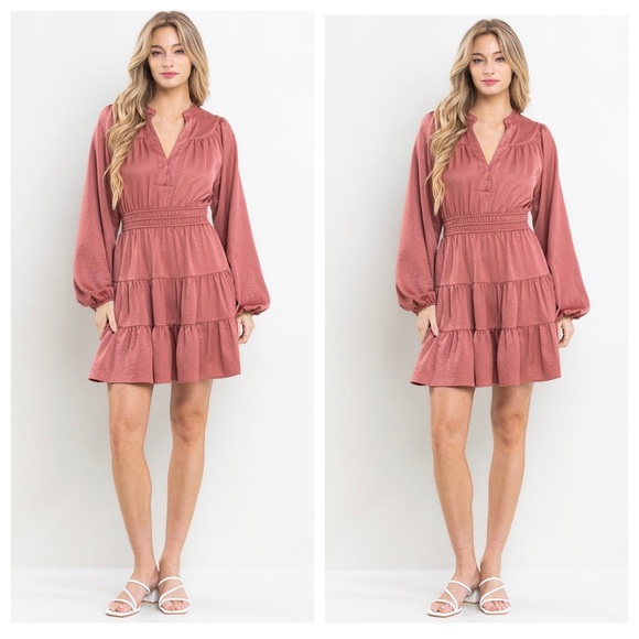 30 Boho Satin Balloon Sleeve Tiered Dress - Picture 5 of 5